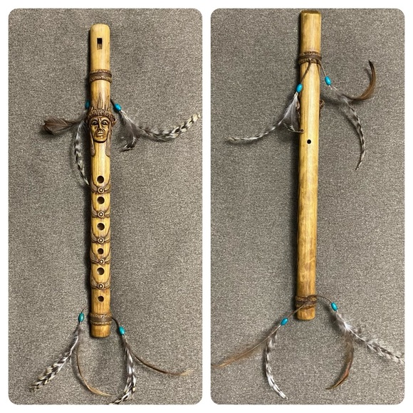 Vintage Hand Carved Wooden Flute with Leather Ties Feathers & Turquoise Beads - Picture 16 of 16